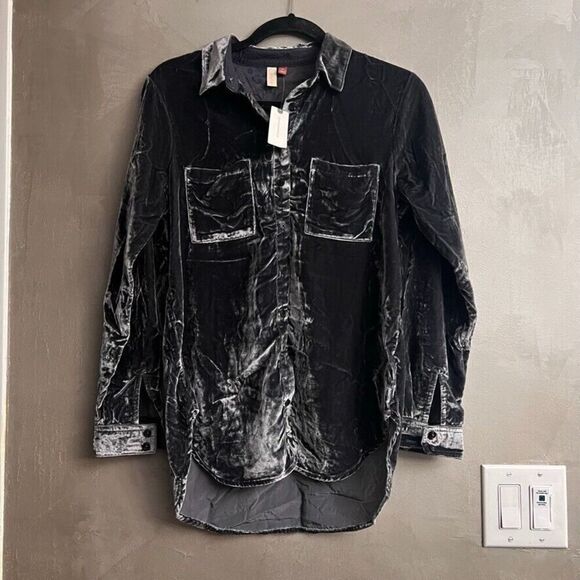 Anthropologie Pilcro Relaxed Velvet Buttondown Shirt Grey XS NEW - Picture 7 of 8